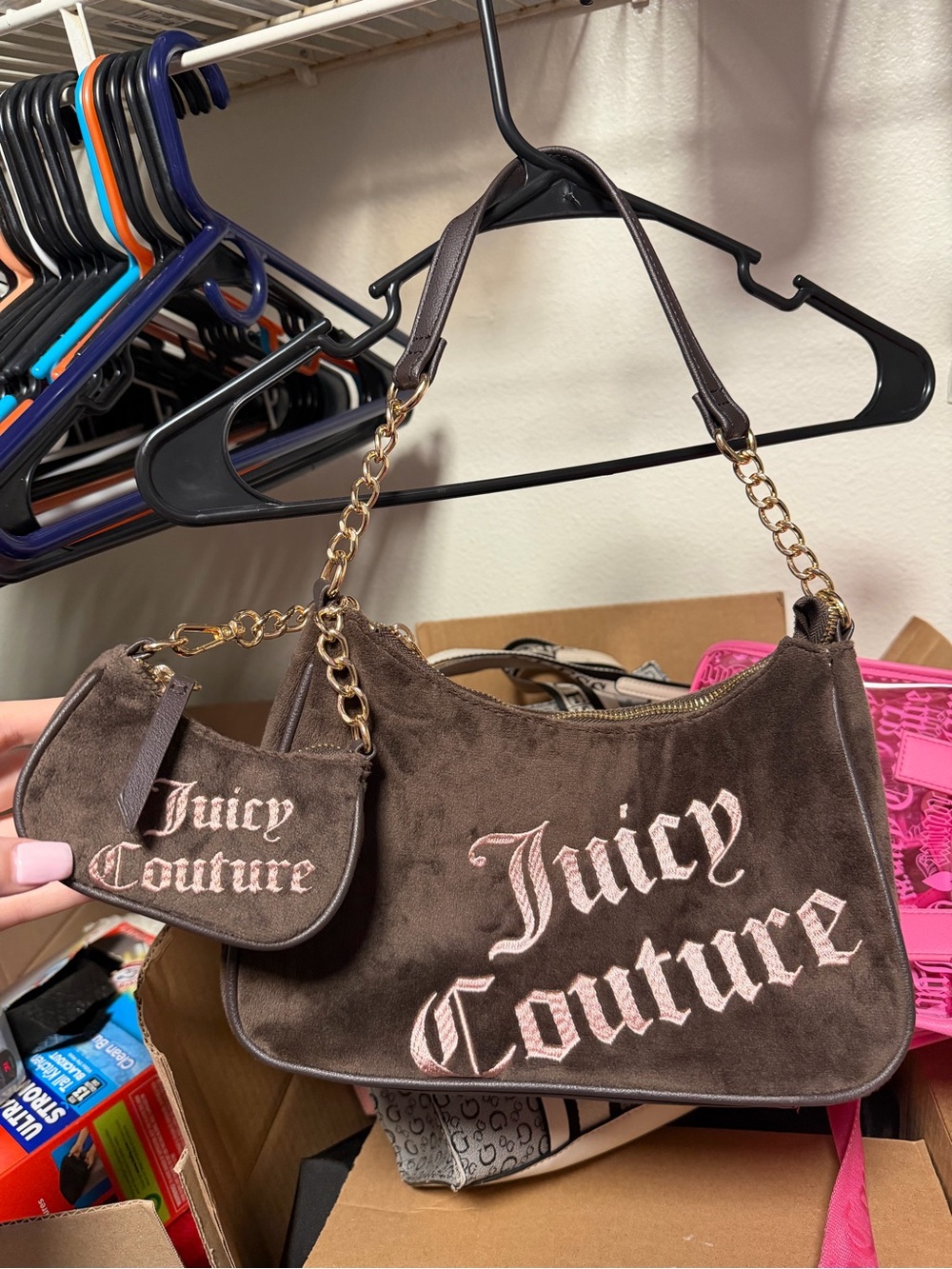Juicy Couture Chocolate Brown Velvet Shoulder Bag with Gold Chain